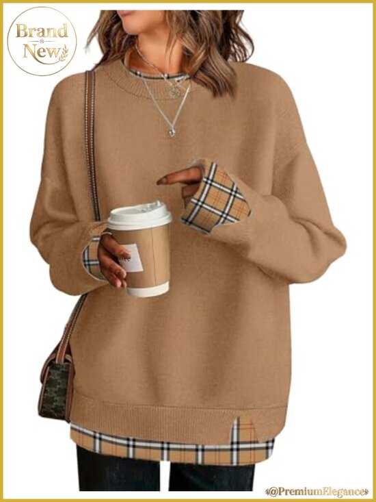 Sweaters - Oversized Patchwork Sweater for Women Crew Neck Long Sleeve Fall Winter Pullover